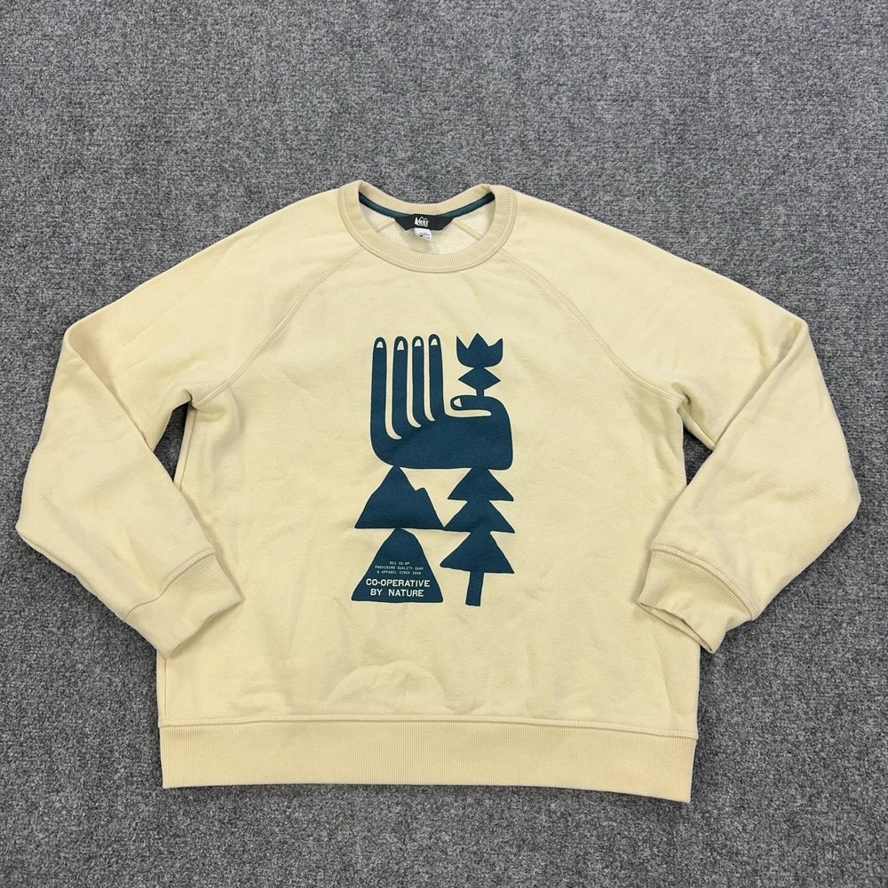 REI Co-op Sweatshirt Mens Medium Beige Fleece Pullover Crewneck Graphic Logo